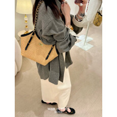 MBH夏日度假草编包头层牛皮拼拉菲草链条tote单肩包