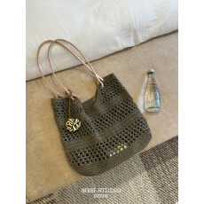 蜡绳配头层树膏牛皮手工钩织网格拼接纹理沙滩度假单肩包配收纳包