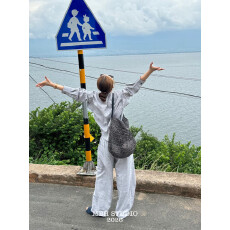 MBH慵懒度假风编织包拉菲草大容量水桶包镂空设计单肩包
