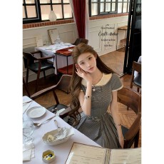 批发迟伞伞  桐花旧语 撞色彼得潘领<b class='q'>千鸟格</b>双排扣上衣半裙<b class='q'>套装</b>夏