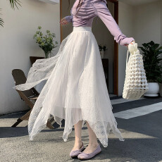 批发不规则蕾丝拼接A字蓬蓬半身裙女春季2026高腰遮胯<b class='q'>宽松</b>褶皱大摆裙