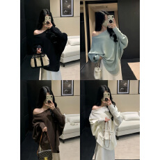 批发辣妹斜肩上衣女秋冬季新款<b class='q'>宽松</b>蝙蝠袖毛针织衫软糯慵懒感毛衣外套