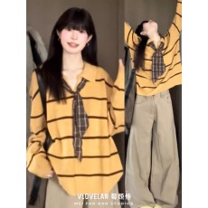 批发POLO领条纹套头毛衣秋冬慵懒宽松针织衫长袖上衣