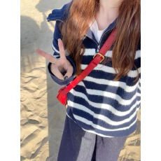 批发法式翻领条纹长袖毛衣女秋冬慵懒风套头半拉链针织衫