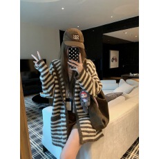 批发韩系慵懒风宽松条纹连帽毛衣外套女秋冬高级感复古针织开衫上衣潮