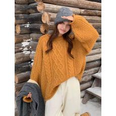 批发卷边圆领立体麻花毛衣橘慵懒高级感宽松百搭针织上衣潮
