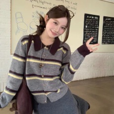 批发包芯纱秋冬复古条纹翻领气质针织<b class='q'>开衫</b><b class='q'>长袖</b>高级感毛衣打底上衣