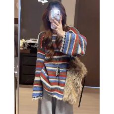 批发四根羊驼绒大版韩系条纹圆领针织衫女<b class='q'>宽松</b>显瘦百搭<b class='q'>毛衣</b>