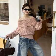 批发绵羊绒三根2026新年新款红色一字肩毛衣温柔露肩针织衫