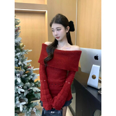 批发新年红新款韩版氛围感气质一字露肩镂空收腰针织毛衣女