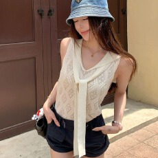 批发夏季韩系气质海军领绑带菱格纹提花镂空无袖薄款针织背心百搭上衣