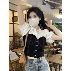 批发天猫抖音质量百搭假两件拼接polo领短袖上衣<b class='q'>气质</b>单排扣泡泡袖<b class='q'>衬衫</b>