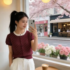 批发2026年夏季新款百搭时尚洋气甜美减龄圆领波点针织拼色短袖<b class='q'>开衫</b>