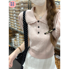 批发别致甜辣泡泡袖提花针织短袖<b class='q'>t</b><b class='q'>恤</b>女夏季设计感<b class='q'>娃娃领</b>短款小衫上衣