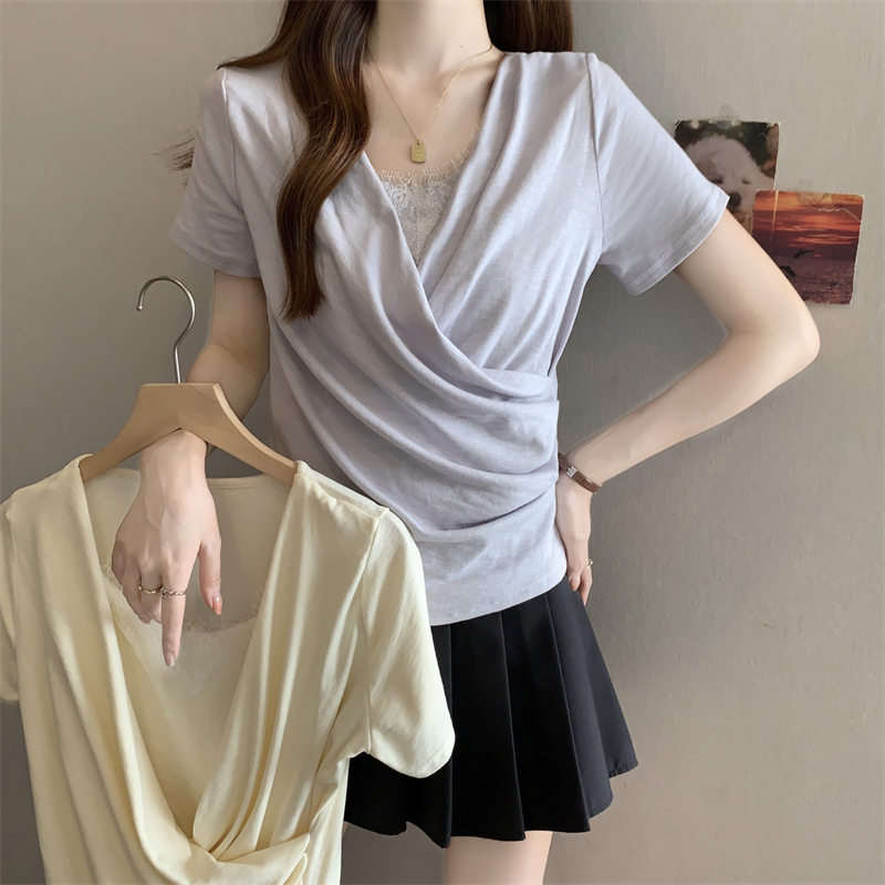 RY2840# 实拍大码夏胖mm纯欲温柔风荡领显瘦收腰蕾丝拼接假两件短袖上衣