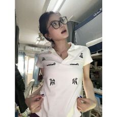 批发美式复古白色正肩t恤女夏季新款刺绣polo衫短袖修身显瘦休闲上衣