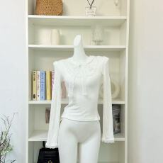 批发【Q女家 新品9折】澳白少女/蝴蝶结蕾丝拼接系带<b class='q'>修身</b>打底针织上衣