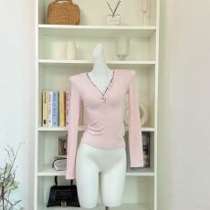 批发Tongiiuu C位打底 格纹拼接V领长袖T恤女<b class='q'>修身</b>显瘦内搭打底衫上衣