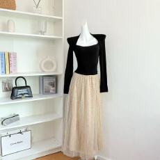 批发白水女 芭蕾艺术生 坎肩领拼接<b class='q'>网纱</b>连衣<b class='q'>裙</b>女冬季带胸垫设计感长<b class='q'>裙</b>