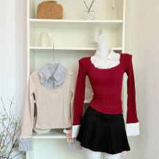 批发迟伞伞25/fw 松间花火 假两件条纹撞色衬衫拼接针织上衣两色入