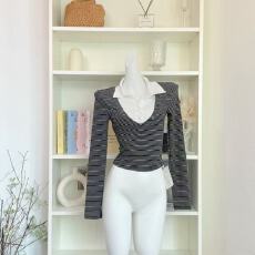 批发Bulletnini微透polo领天丝羊毛修身显瘦条纹假两件高智长袖打底女