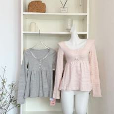 批发PtonUmi莓果布蕾 小个子条纹花边针织长袖上衣女冬圆领娃娃衫内搭