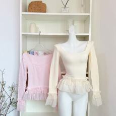 批发Lukira【浮云织梦】拼接荷叶边长袖打底<b class='q'>T</b><b class='q'>恤</b>女秋冬内搭修身上衣