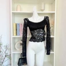 批发【Fart Shop】暗黑浪漫 深V露肩黑色蕾丝T恤女收腰<b class='q'>镂空</b>带胸垫内搭