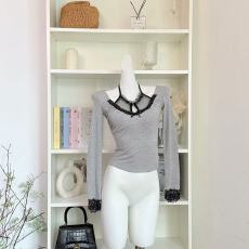 批发SYJ/舒衣家 纯欲风<b class='q'>蕾丝</b>拼接灰色针织上衣女早秋收腰黑色<b class='q'>短裤</b>套装