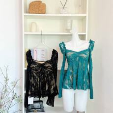 批发OKMASHOP 蕾丝衫女2025秋季高级感气质方领修身纯欲性感蕾丝上衣