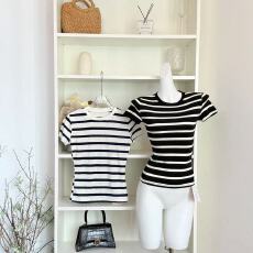 批发8uioio '海岸线环游记'圆领条纹短袖<b class='q'>t</b><b class='q'>恤</b>女春新款弹力修身显瘦上衣