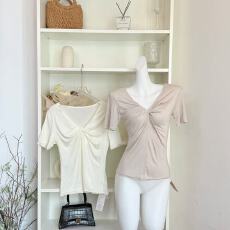 批发尤美子STAZF7 胖mm纯欲扭结V领显瘦T恤女春夏气质百搭微喇裤套装