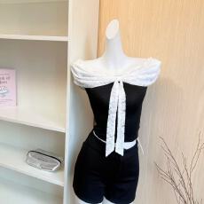 批发番茄侠coco芭蕾黑白撞色蕾丝蕾丝飘带一字肩上衣女小香风无袖上衣