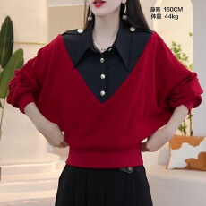 批发时尚洋气拼接套头针织衫2026<b class='q'>宽松</b>显瘦遮肉有领<b class='q'>蝙蝠衫</b>假两件上衣