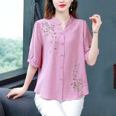 批发<b class='q'>时尚</b>绣花短袖棉麻上衣女夏季新款宽松显瘦小衫遮肚子妈妈棉麻<b class='q'>衬衫</b>