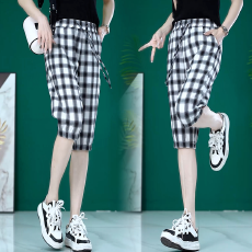 批发黑白格子<b class='q'>裤子</b>女夏季薄款2026高腰显瘦七分哈伦裤直筒中裤休闲女裤