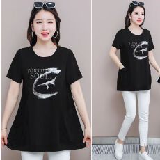 批发中年女圆领短袖中长款女<b class='q'>上衣</b>口袋2026年款宽松大码时尚遮肚<b class='q'>妈妈装</b>