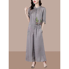 批发民族风套装女苎麻<b class='q'>上衣</b>裤夏季棉麻开衫中式亚麻刺绣妈妈宽松两件套