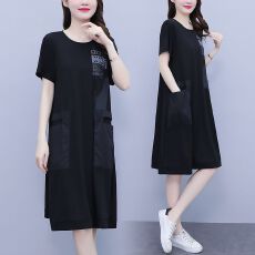 批发2026年夏装新款<b class='q'>大码</b><b class='q'>女装</b>胖mm时尚宽松遮肚子印花中长款短袖连衣裙