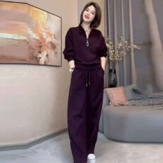 批发高级感紫色休闲套装女秋冬立领长袖卫衣阔腿<b class='q'>裤</b><b class='q'>显瘦</b>减龄时尚两件套
