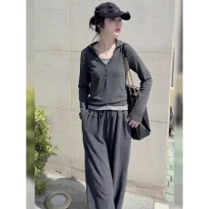 批发时尚爆款套装女2026<b class='q'>春</b>夏新款假两件长袖上衣+阔腿裤显瘦减龄套装
