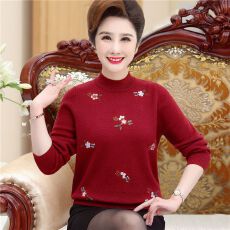 批发<b class='q'>中老年</b>妈妈秋装宽松大码上衣加绒加厚女装绣花套头轻薄休闲<b class='q'>打底衫</b>