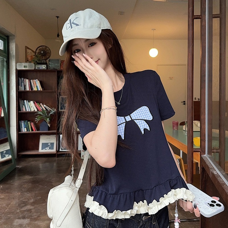 MY10923# 纯棉螺纹短袖t恤夏潮新款甜美下摆短款修身圆领上衣女装女裝...