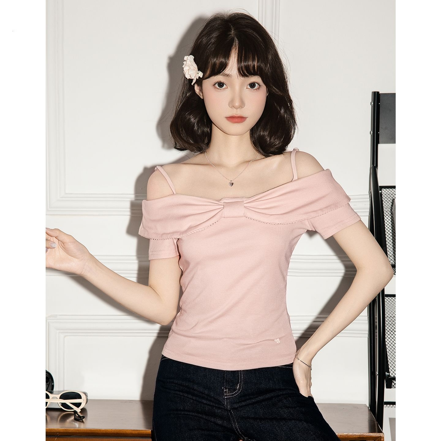 FA35454# 纯棉1*1新款纯欲风一字肩蝴蝶结系带修身显瘦上衣女 服裝批發女裝批發服飾貨源