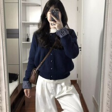 批发假两件藏蓝色针织开衫女秋冬新款韩系慵懒风松弛感短款毛衣女上衣