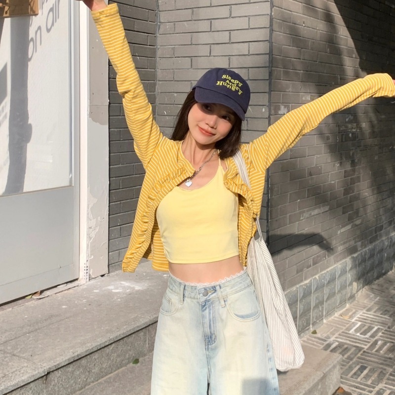 FA35453# 条纹木耳花边针织衫秋冬季新款多巴胺亮色修身减龄开衫外套女 服裝批發女裝批發服飾貨源