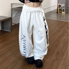 批发纯棉华棉】美式街头火焰字母印花绑带宽松直筒休闲长裤女阔腿卫裤