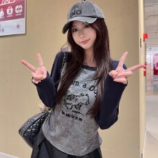 批发实拍260克人棉长袖t恤打底衫女薄款秋新款<b class='q'>短款</b>修身插肩袖圆领上衣