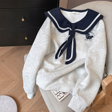 批发大码女装长袖<b class='q'>t</b><b class='q'>恤</b>卫衣女薄款潮新款春秋刺绣花宽松海军领上衣