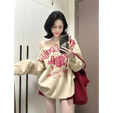 批发长袖<b class='q'>t</b><b class='q'>恤</b>卫衣女薄款潮2025新款春秋印花复古绑带宽松斜领上衣